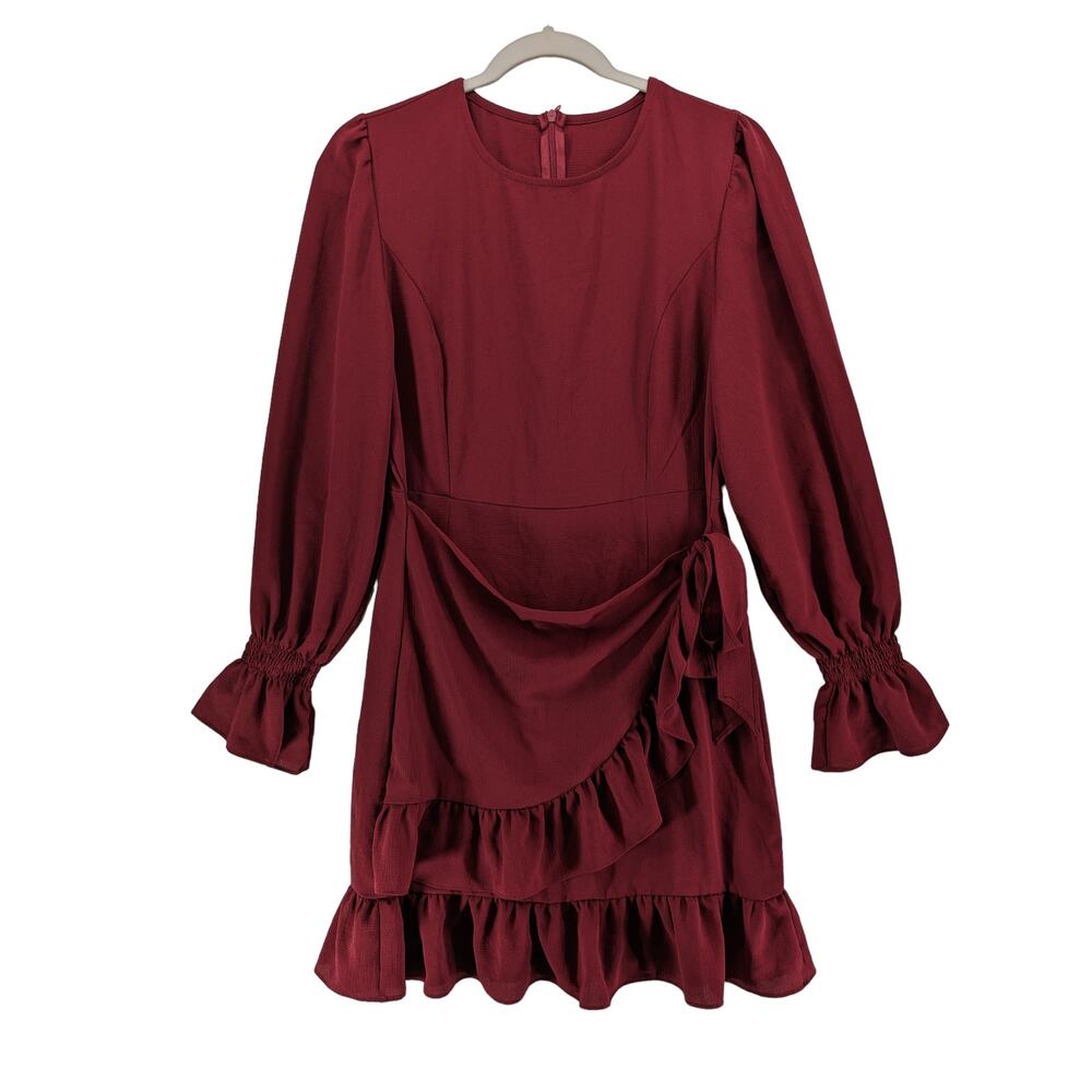 Weepinlee Wrap Dress Small‎ Red Ruffle Bell Sleeve Boho Mini Short Party Maroon
